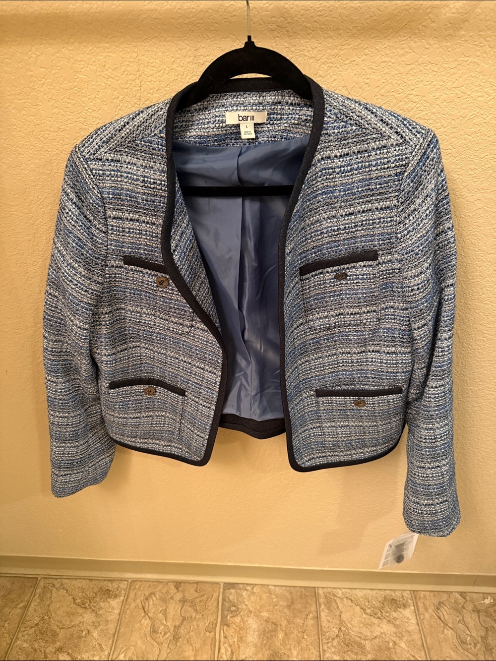 Bar III Blue Tweed Cropped Open-Front Blazer